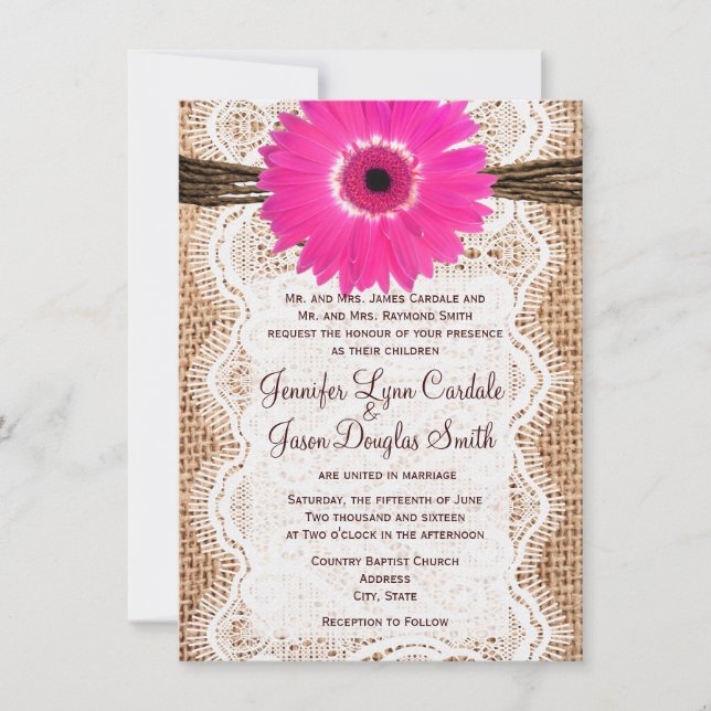 Invitation Rustique Burlap Lace Hot Rose Daisy Wedding Invite (Devant)