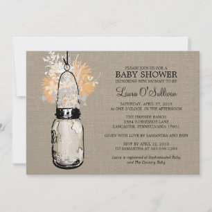 Invitation Rustique Burlap Mason Jar Baby shower Fleur sauvag