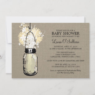 Invitation Rustique Burlap Mason Jar Baby shower Fleur sauvag