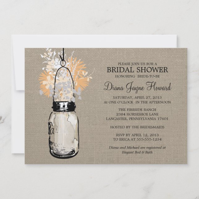 Invitation Rustique Burlap Mason Jar et Fleur sauvage (Devant)