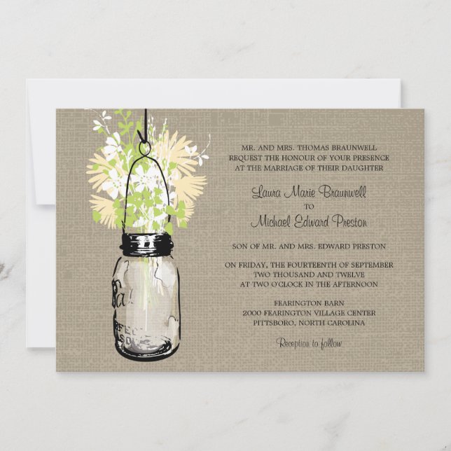 Invitation Rustique Burlap Mason Jar et Mariage Fleur sauvage (Devant)