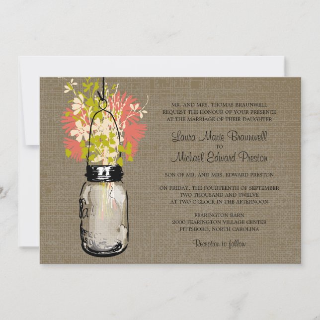 Invitation Rustique Burlap Mason Jar et Mariage Fleur sauvage (Devant)