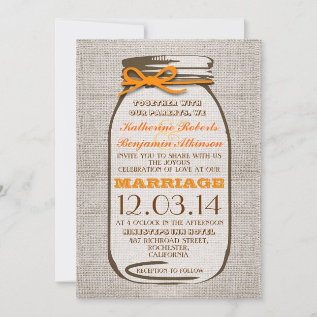 Invitation Rustique Burlap Mason Jar Mariage (Devant)