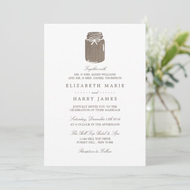 Invitation Rustique Burlap Mason Jar Mariage (Debout devant)