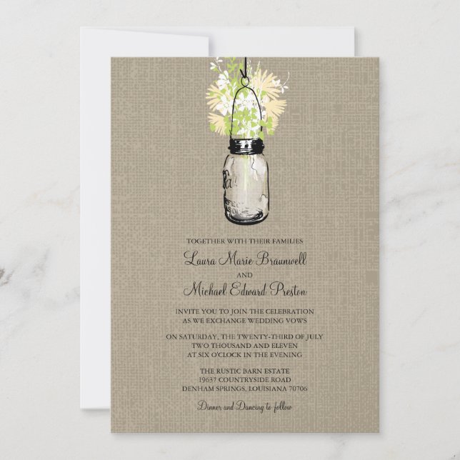 Invitation Rustique Burlap Mason Jar Mariage Fleur sauvage (Devant)
