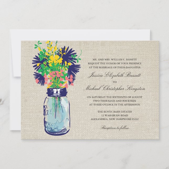 Invitation Rustique Burlap Mason Jar Mariage Fleur sauvage (Devant)