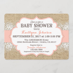 Invitation Rustique Burlap Moderne dentelle Coral Baby shower