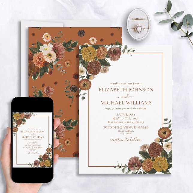 Invitation Rustique Burnt Orange Aquarelle Mariage Floral (Créateur téléchargé)