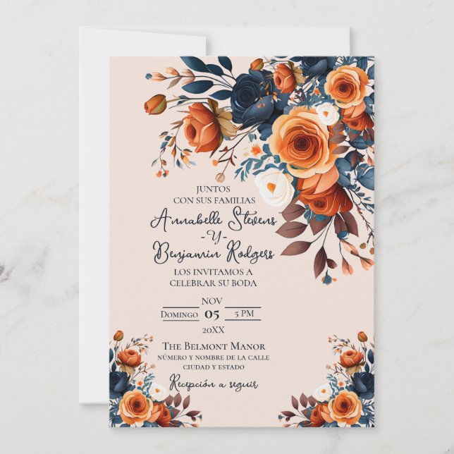 Invitation Rustique Burnt Orange et Mariage espagnol bleu (Devant)