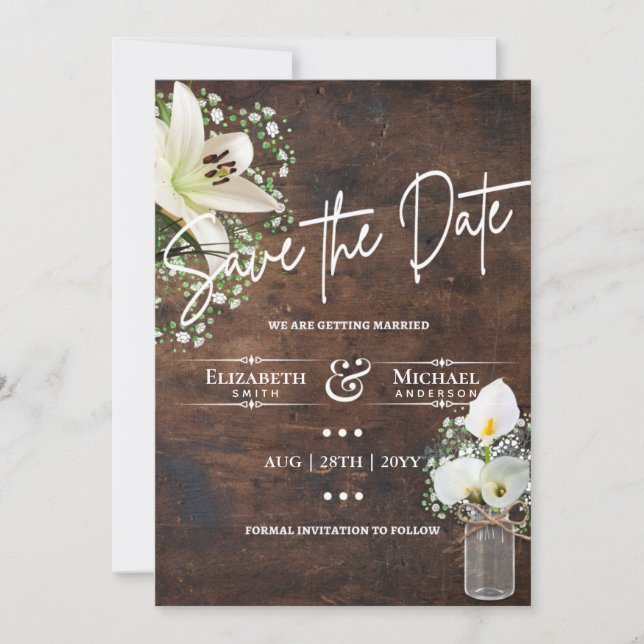 Invitation Rustique Calla Lily Économisez Date White Wood Lea (Devant)