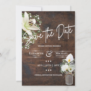 Invitation Rustique Calla Lily Économisez Date White Wood Lea