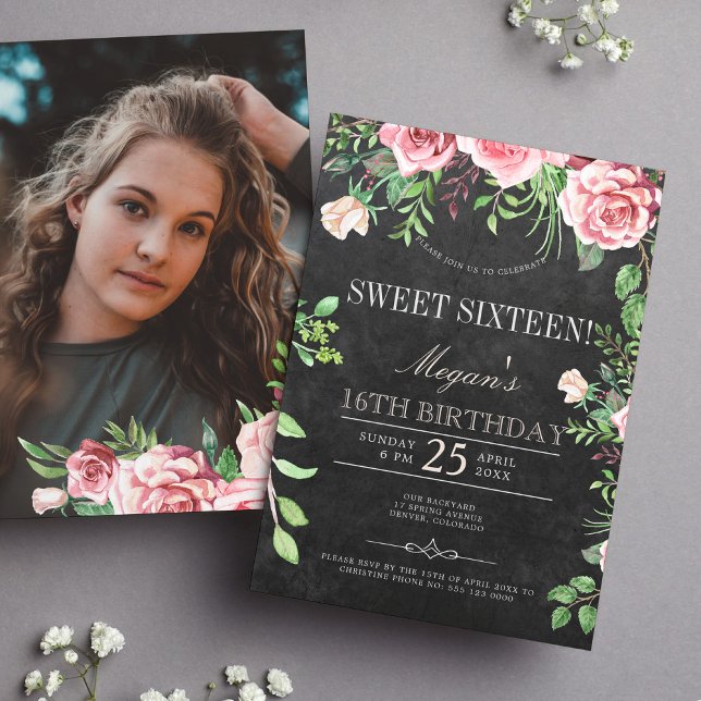 Invitation Rustique Chalkboard rose Roses Sweet sixteen PHOTO (Créateur téléchargé)