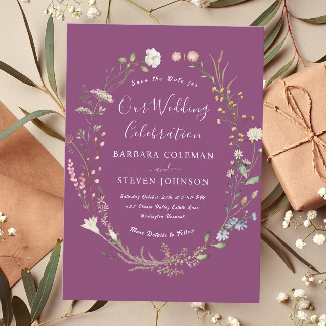 Invitation Rustique Chic Boho Fleur sauvage Berry Purple Mari (Créateur téléchargé)