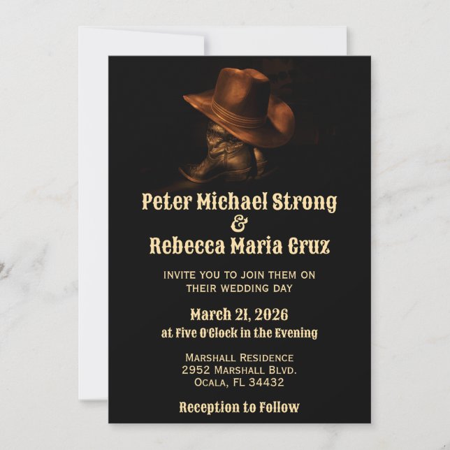 Invitation Rustique Chic Boots Cowboy Pays Mariage Ouest (Devant)