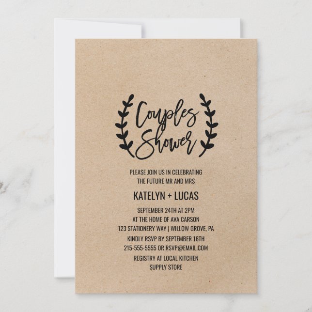 Invitation Rustique Chic Faux Kraft Calligraphie Couples Douc (Devant)