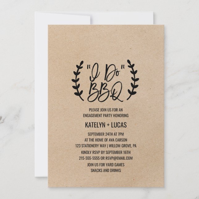 Invitation Rustique Chic Faux Kraft Calligraphie Je fais BBQ (Devant)