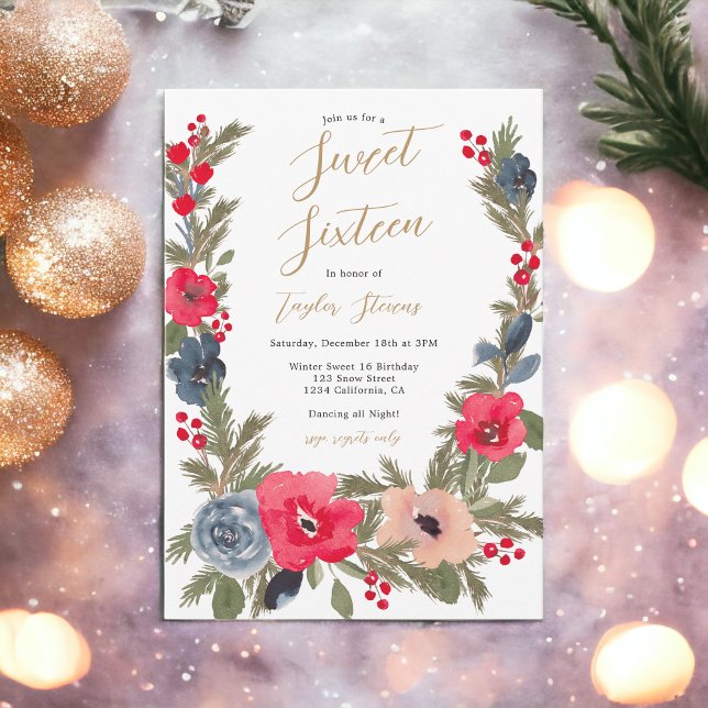Invitation Rustique chic hiver Floral Aquarelle Sweet 16 (Rustic chic Winter Floral Watercolor Sweet 16 Invitation)