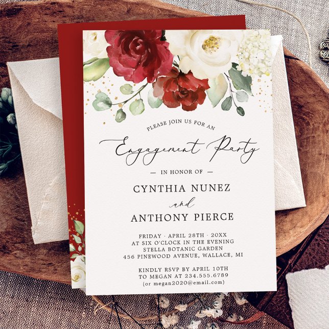 Invitation Rustique Chic Rouge Blanc Floral Gold (Créateur téléchargé)