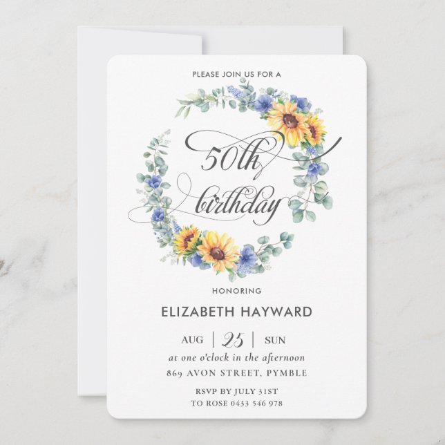 Invitation Rustique Chic Sunflower Blue Floral 50e anniversai (Devant)