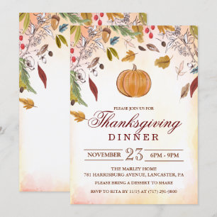 Invitation Rustique Citrouille Automne Thanksgiving Dîner Inv