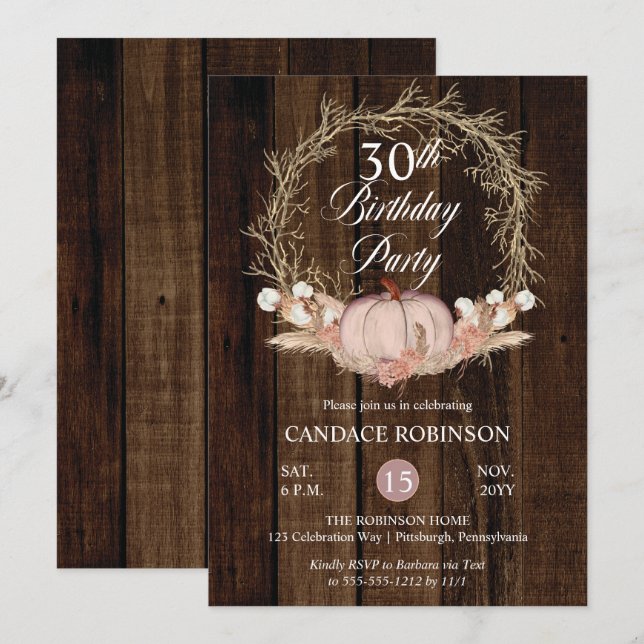 Invitation Rustique Citrouille Pampas Wreath 30e fête d'anniv (Devant / Derrière)
