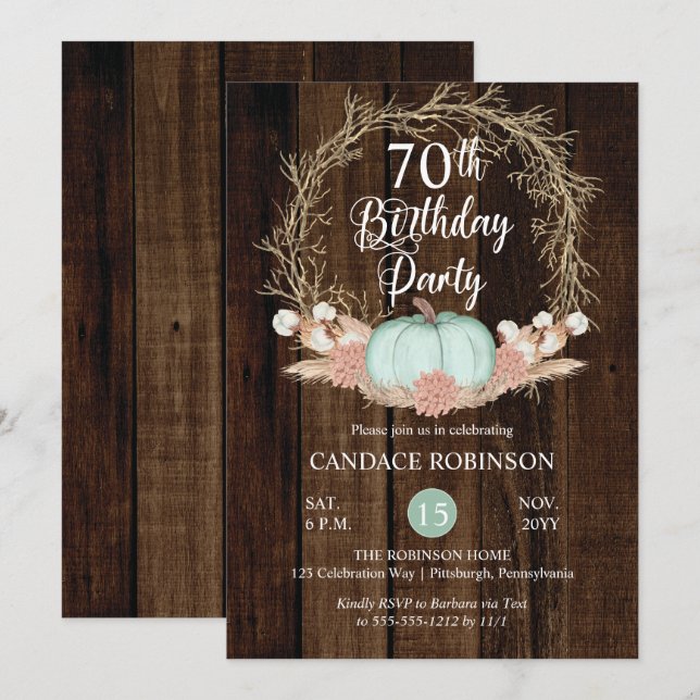 Invitation Rustique Citrouille Pampas Wreath 70e fête d'anniv (Devant / Derrière)