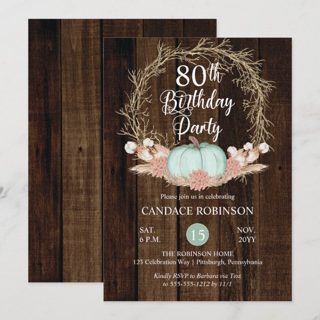 Invitation Rustique Citrouille Pampas Wreath 80e fête d'anniv (Devant / Derrière)