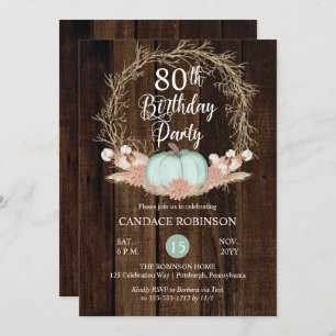 Invitation Rustique Citrouille Pampas Wreath 80e fête d'anniv