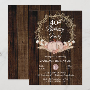 Invitation Rustique Citrouille Pampas Wreath fête de 40e anni