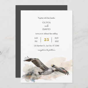 Invitation Rustique Côte Pélican Aquarelle Plage Mariage