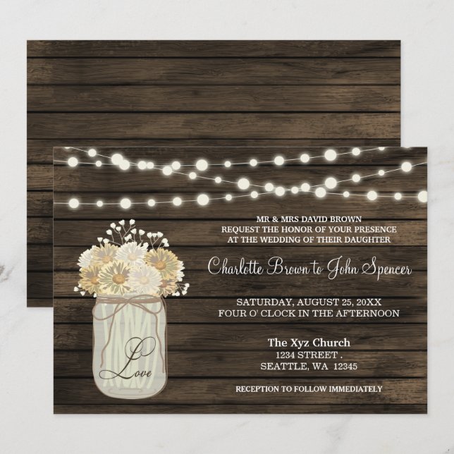 Invitation Rustique Country Mason Jar Daisy Grange Mariage en (Devant / Derrière)