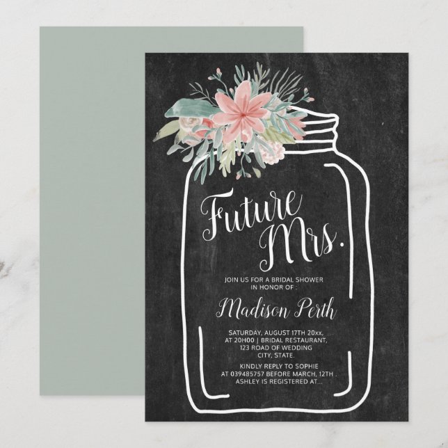 Invitation Rustique craie floral mason script bocal douche (Devant / Derrière)