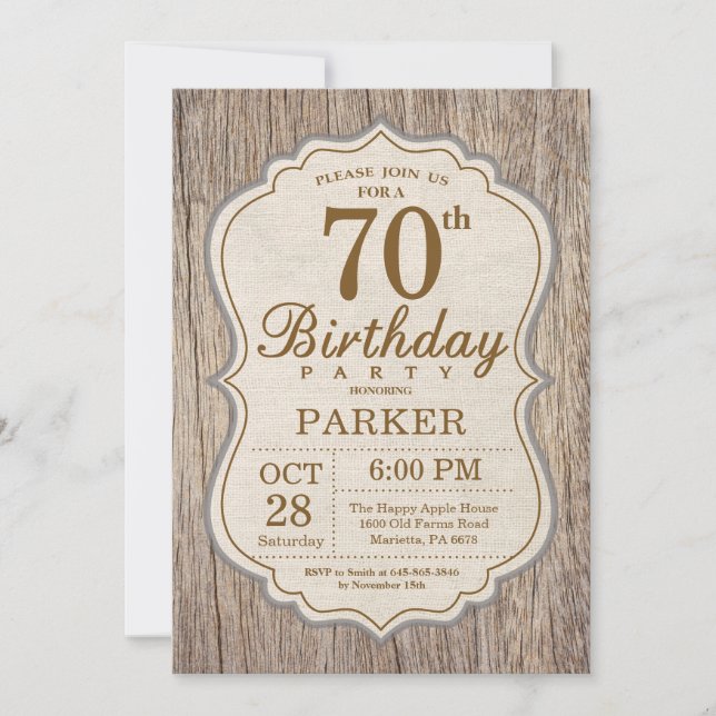 Invitation Rustique de 70e Anniversaire en Bois (Devant)