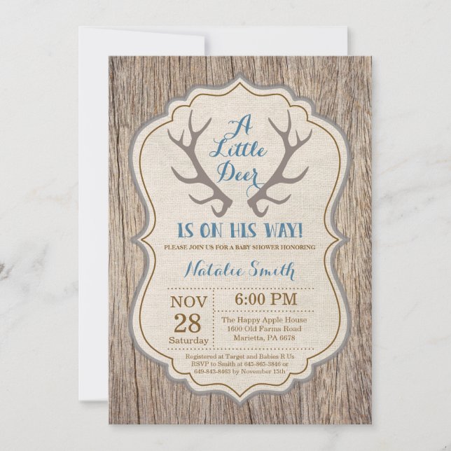 Invitation rustique de baby shower de garçon bleu (Devant)