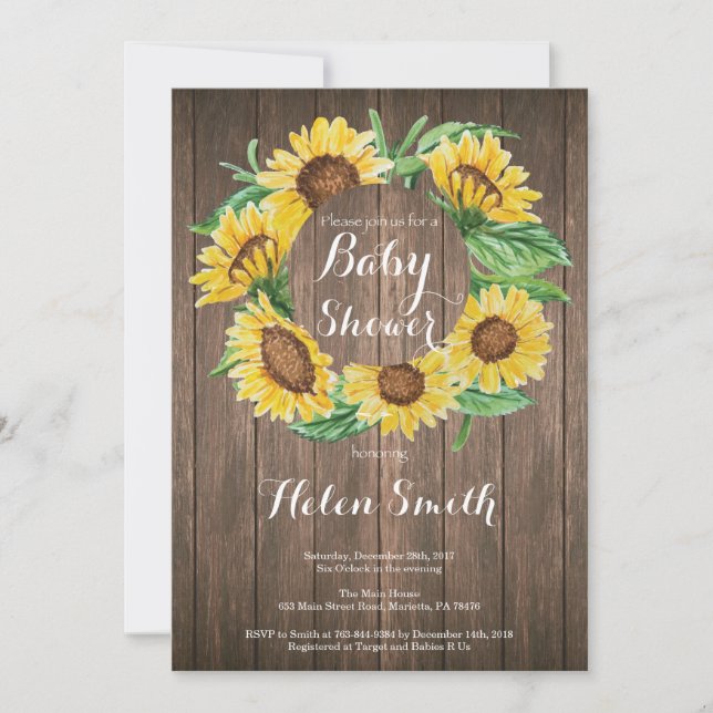 Invitation rustique de baby shower de tournesols (Devant)