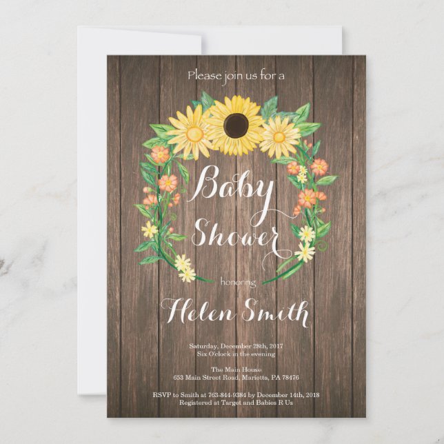 Invitation rustique de baby shower de tournesols (Devant)