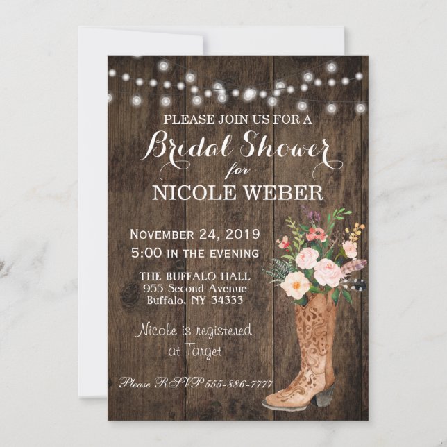 Invitation rustique de Fête de la mariée de botte (Devant)