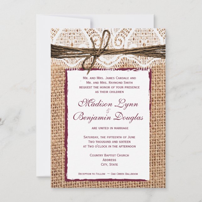 Invitation rustique de mariage de canneberge de (Devant)