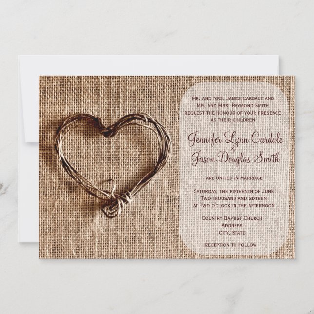 Invitation rustique de mariage de coeur de ficelle (Devant)