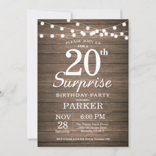 Invitation Rustique de Surprise pour les 20 ans en