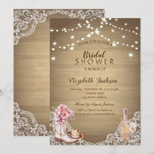 Invitation Rustique, Dentelle, Bottes Fleurs Fête des mariées