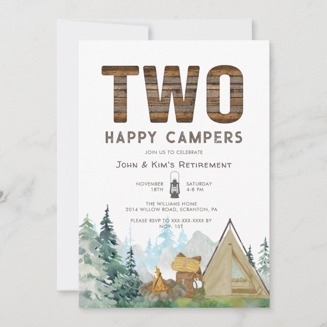 Invitation Rustique Deux Campeurs heureux Retraite (Devant)