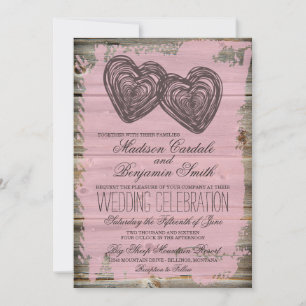 Invitation Rustique Deux Coeurs Grange Bois Rose Mariage Invi