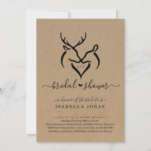 Invitation Rustique Doe & Deer Antlers Fête des mariées cardi (Devant)