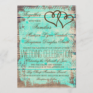 Invitation Rustique Double Coeurs Aqua Wood Wedding Invite