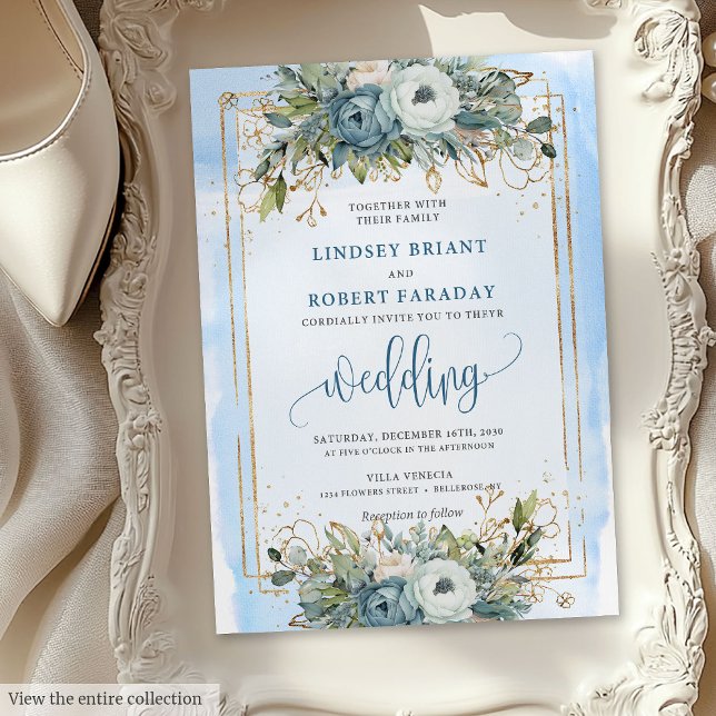 Invitation Rustique Dusty Bleu Blanc Or Floral Mariage Invite (Rustic Dusty Blue White Gold Floral Wedding Invite)
