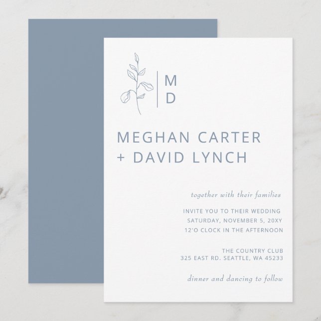 Invitation Rustique Dusty Bleu Botanographie Mariage Invi (Devant / Derrière)