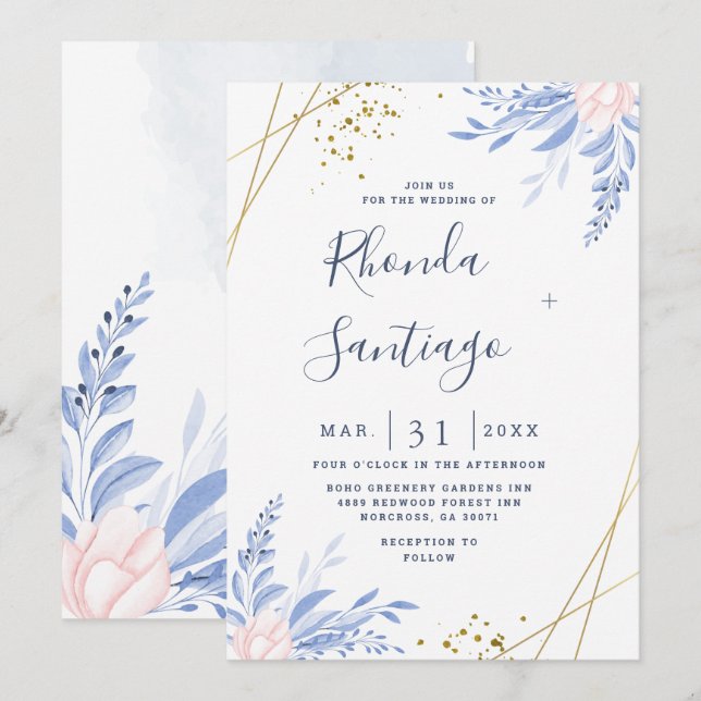 Invitation Rustique Dusty Blue Aquarelle Feuille Mariage or (Devant / Derrière)
