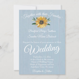 Invitation Rustique Dusty Blue Barn Wood, Sunflower Mariage I
