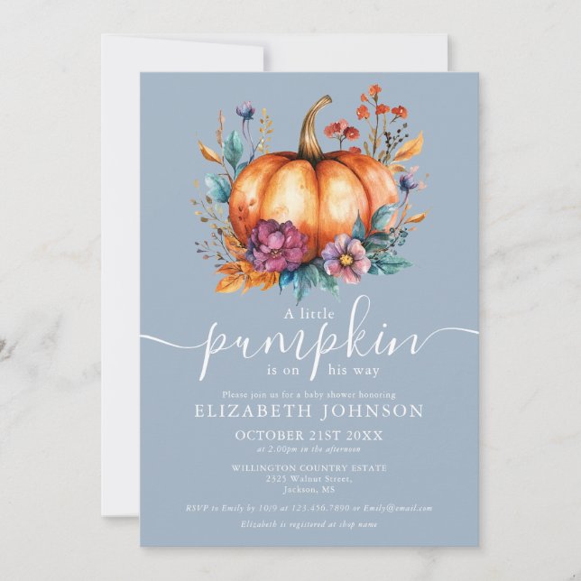 Invitation Rustique Dusty Blue Little Citrouille Baby shower  (Devant)